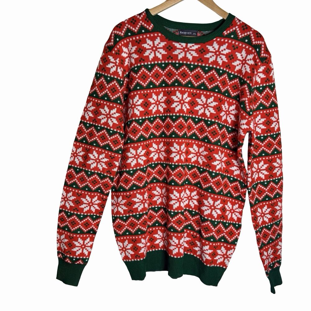 Raisevern Christmas Sweater Fair Isle Snowflake Nordic Style Mens 2XL Red Green